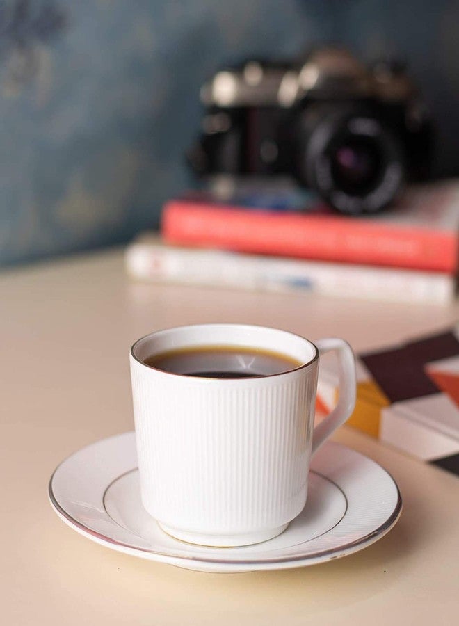 Saaikee طقم أكواب شاي وقهوة سايكي مع صحون، 12 كوبًا، مصنوع من الخزف الصيني الفاخر، بنقشة خطوط بيضاء، سعة 200 مل، آمن للاستخدام في الميكروويف، أدوات مائدة فاخرة لتزيين طاولة الطعام والمطبخ - Image 2